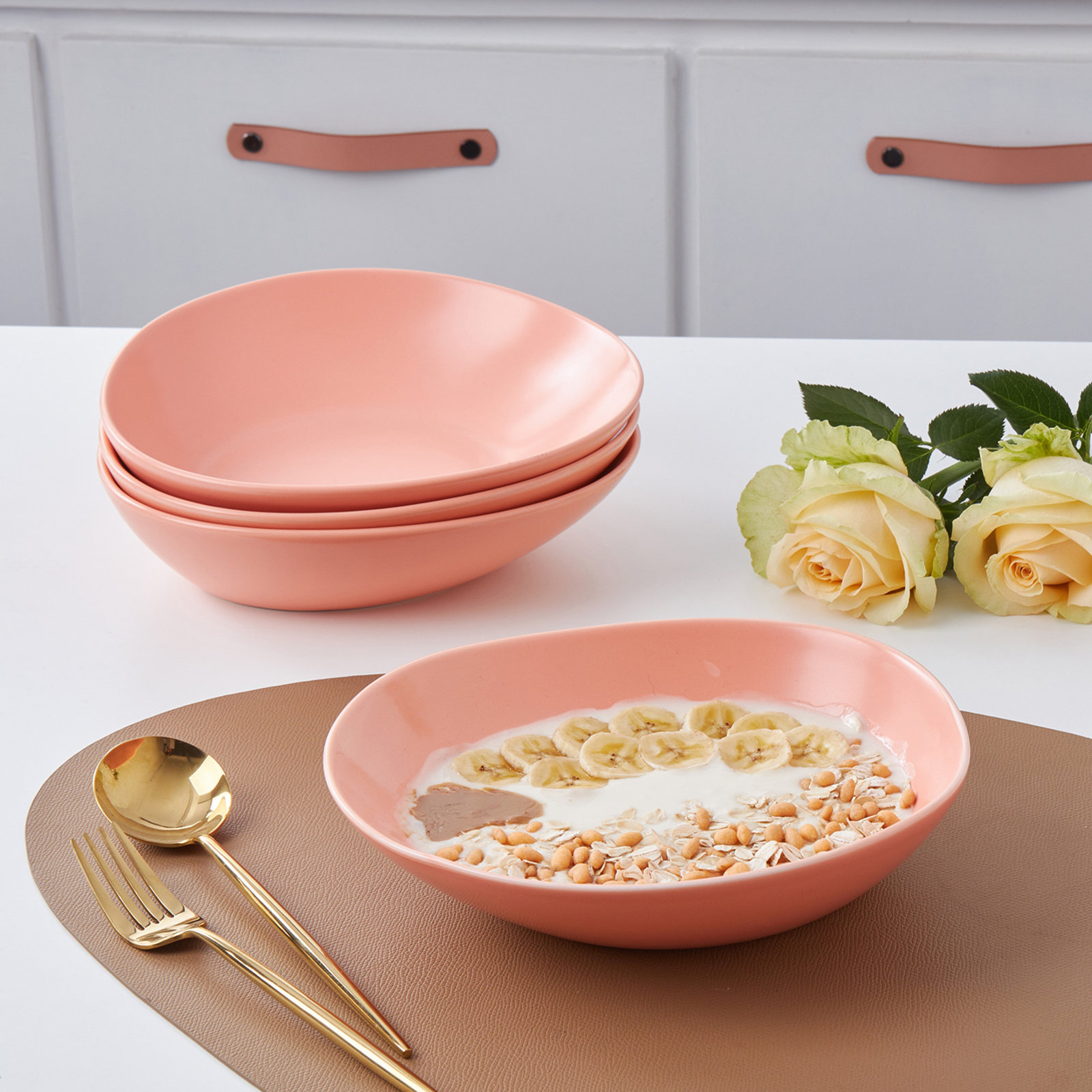 Stone Lain Delilah Pasta Bowl Set Porcelain, Peach
