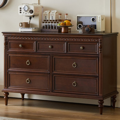 Meuble de rangement d'appoint vintage en bois massif noyer foncé à sept tiroirs