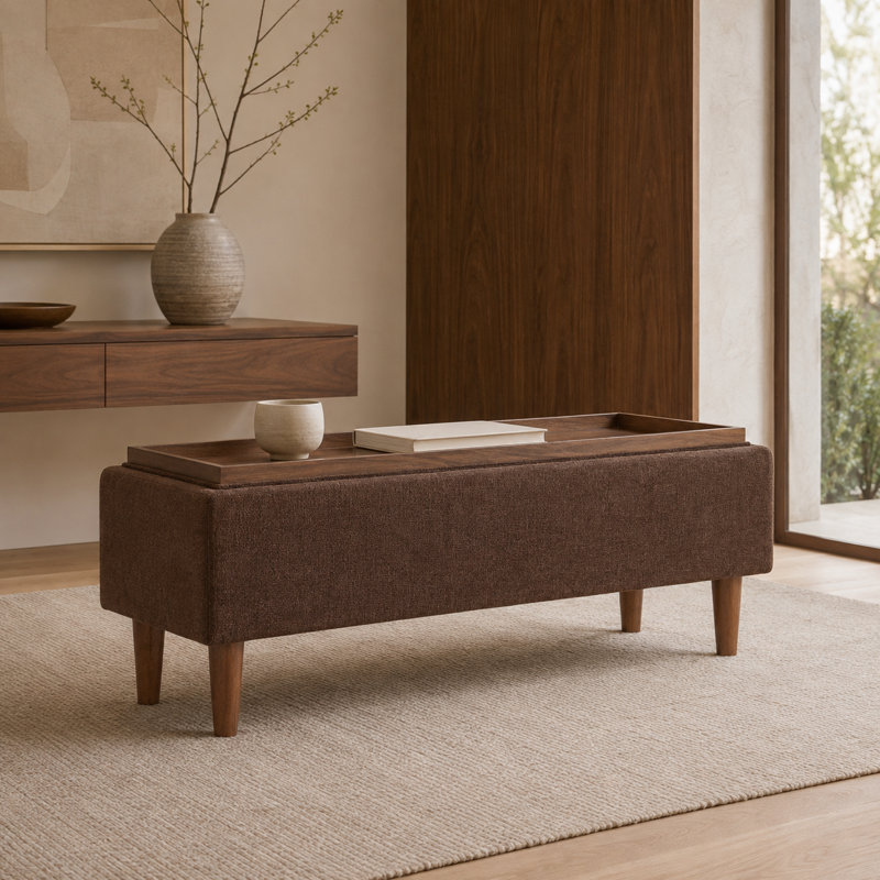 Rama Upholstered Bench with Flip Top, Honeycomb Brown Chenille