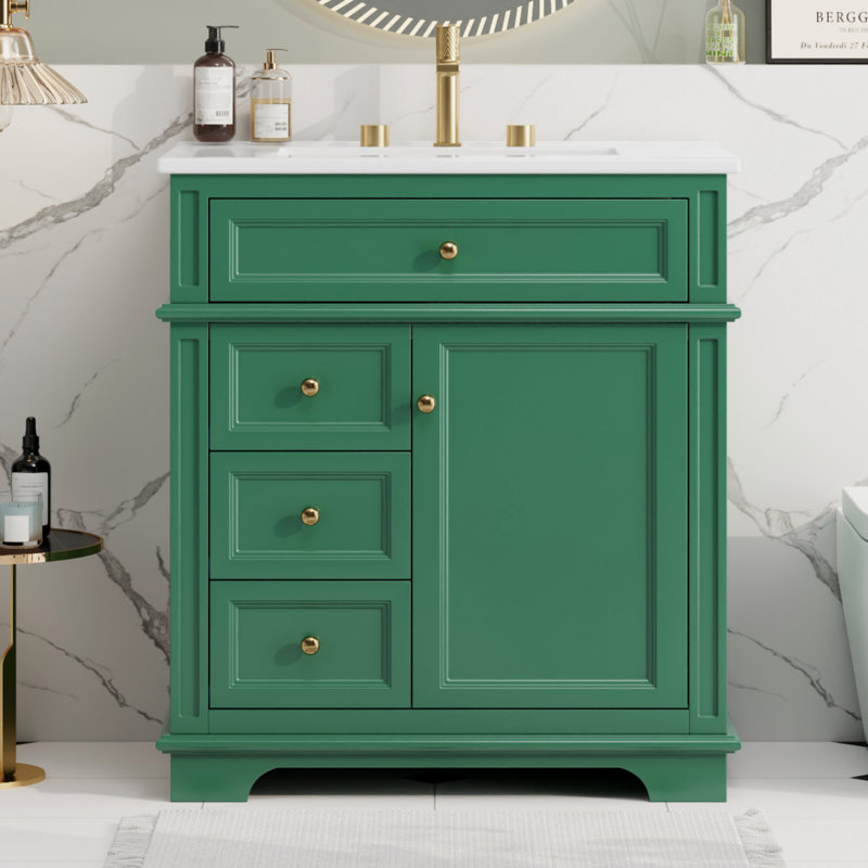 30" Bathroom Vanity With Sink, One Tip-Out Drawer, Three Drawers, Door Shelf, Soft Closing Door