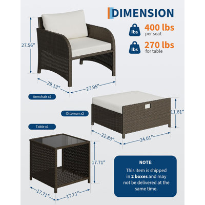 Ensemble de conversation d'extérieur 5 pièces en osier de rotin PE - table en verre, repose-pieds, ensemble de conversation toutes saisons pour patio, balcon ou jardin