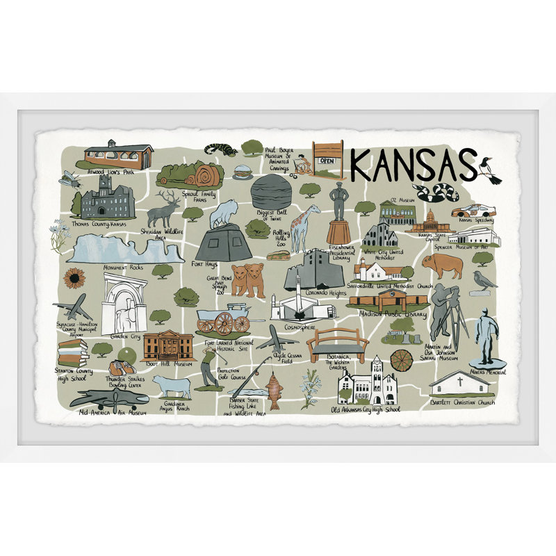 Carte illustrée du Kansas - impression encadrée sur papier, H 24 po x l 36 po x 1,5 po