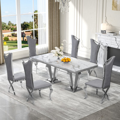 7-Piece Dining Set with Marble-Print Tabletop and Upholstered Chairs – Velvet & PU Options, Stainless Steel Legs