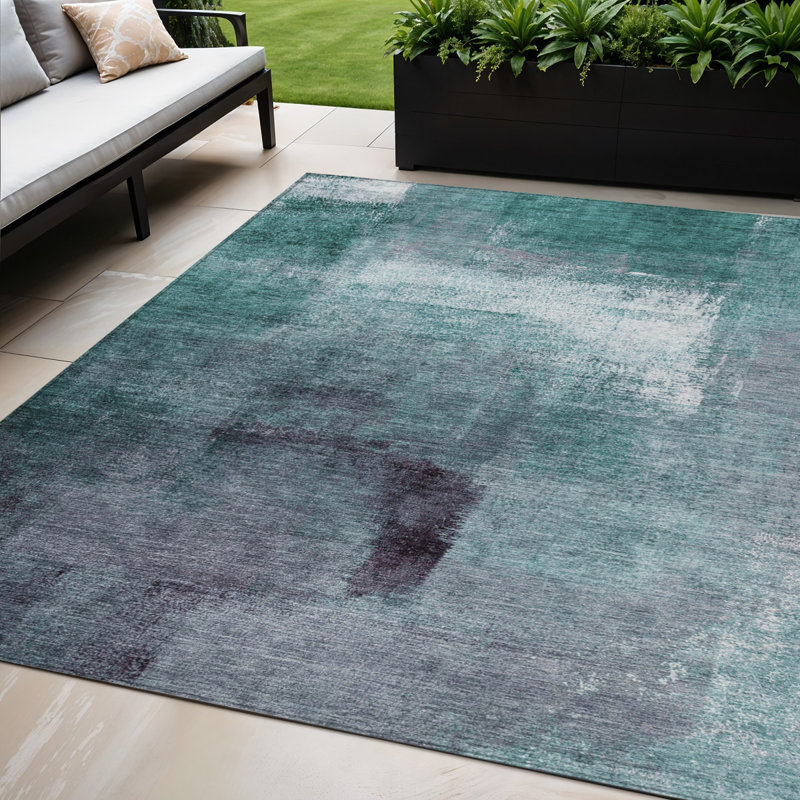 Tapis d'extérieur lavable abstrait bleu sarcelle 5 pi x 8 pi bleu turquoise et ivoire