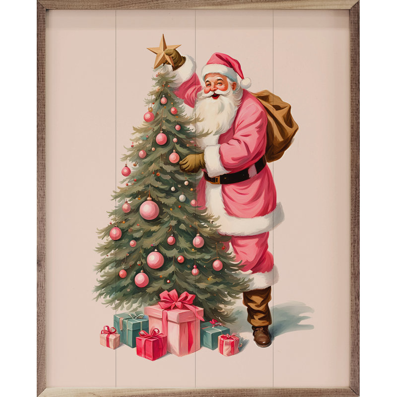 Père Noël rose avec arbre de Noël blanc, H 20 po x l 16 po x P 1 po