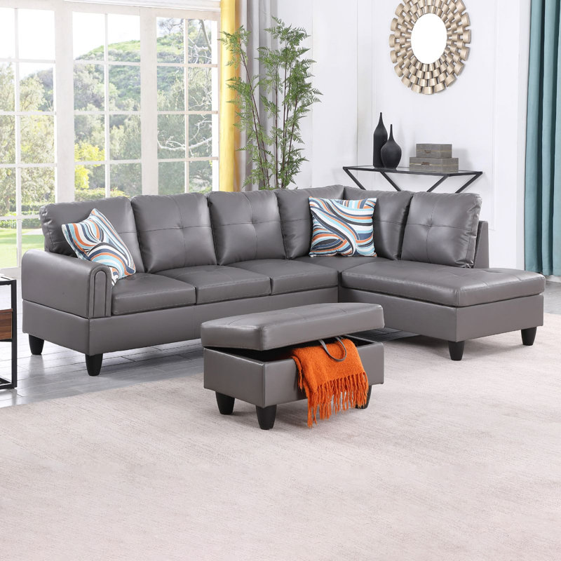 Jayzen 3 - Piece Vegan Sectional, Right Hand Facing, Black, Dark Gray Faux Leather