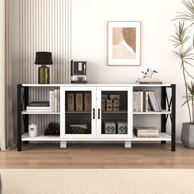 Meuble télé 80 po de style industriel pour la chambre à coucher, blanc, avec beaucoup de rangement, style chambre à coucher en métal et en bois, espace de rangement suffisant,