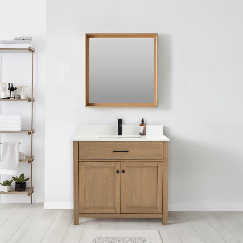 37 po X P 22 po P 33,75 po Meuble-lavabo autoportant simple H en chêne blanc avec comptoir en quartz