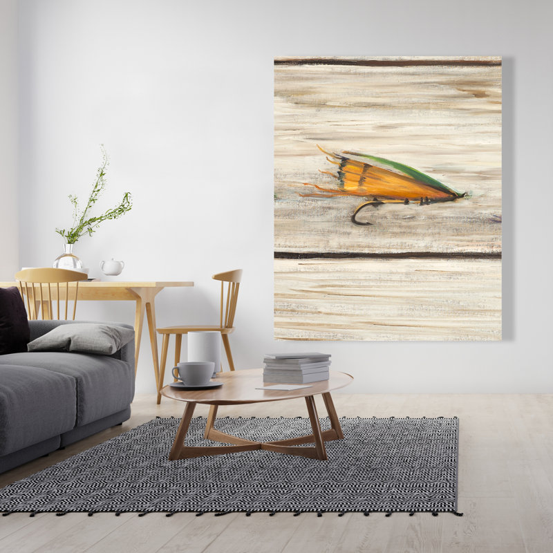 Pêche à la mouche sur fond de bois - décor de toile orange marine