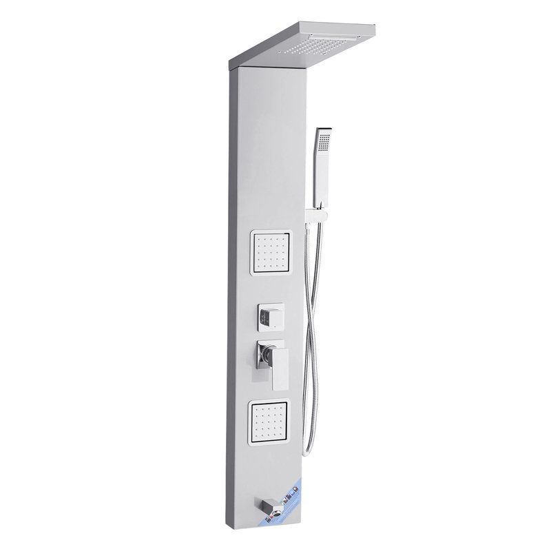 Système de tour de douche avec pommeau de douche cascade, colonne de douche en acier inoxydable brossé de 53 po, robinet à 5 fonctions, système de massage mural avec 2 jets de corps, douchette, douchette de baignoire