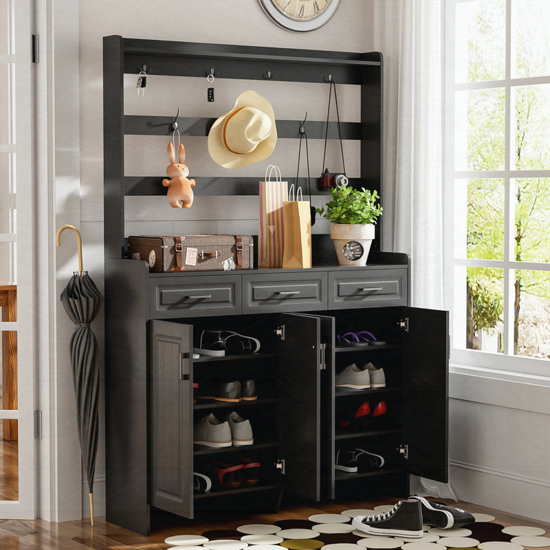 Cabinet with Coat Rack and Metal hooks, Black