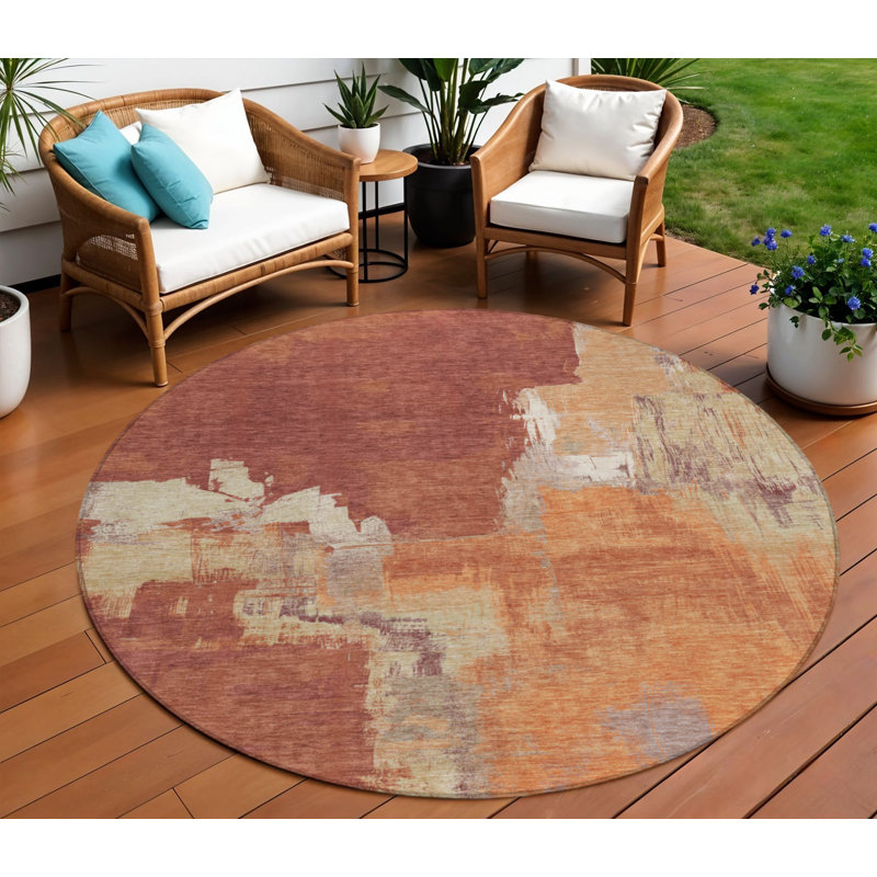 Tapis extérieur rond lavable abstrait 8 pi orange et orange brûlé