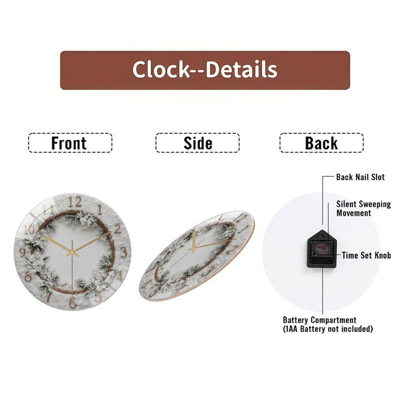 Horloge murale enneigée, guirlande de Noël, horloge murale en verre 12 po
