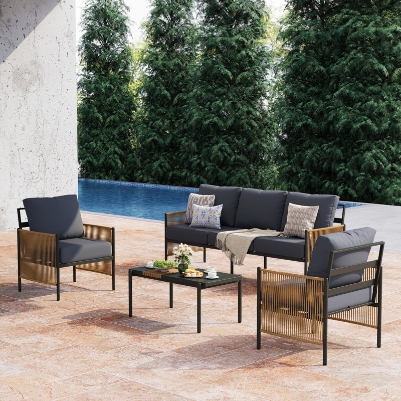 Outdoor Patio Furniture Set, 4 Piece Patio Conversation Sets with Coffee Table, HDPE Rope & Aluminum Armrests, Outdoor Conversation Sets with Thick Cushions for Deck, Backyard, Graphite Grey