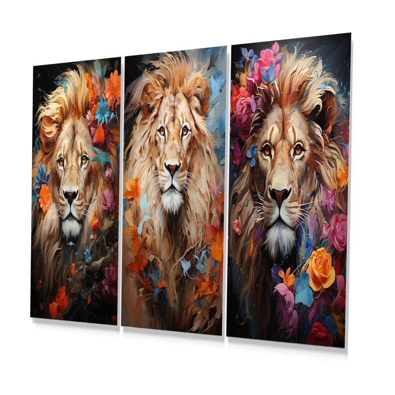 Eternal Majesty Lion Timless Gaze - Lion Metal Art Print Set Of 3, 28" H x 36" W