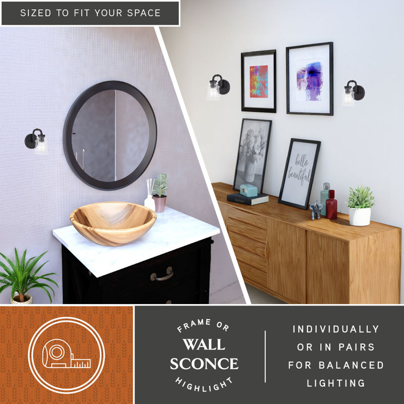 Luminaire de salle de bain industriel noir mat à 1 lumière de 5,25 pouces de large Akini, abat-jour en verre transparent, à intensité variable, compatible avec DEL, applique murale en acier