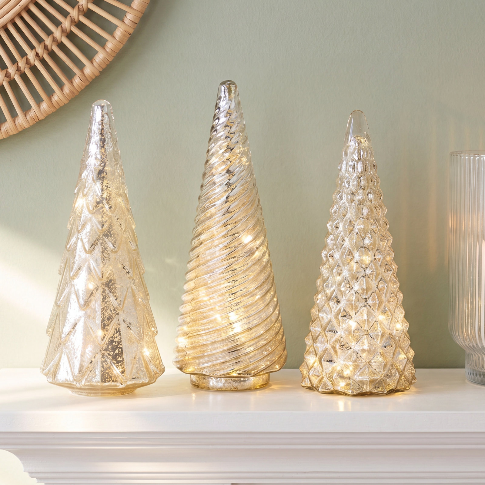 3-Piece Lighted Mercury Glass Tabletop Tree Set