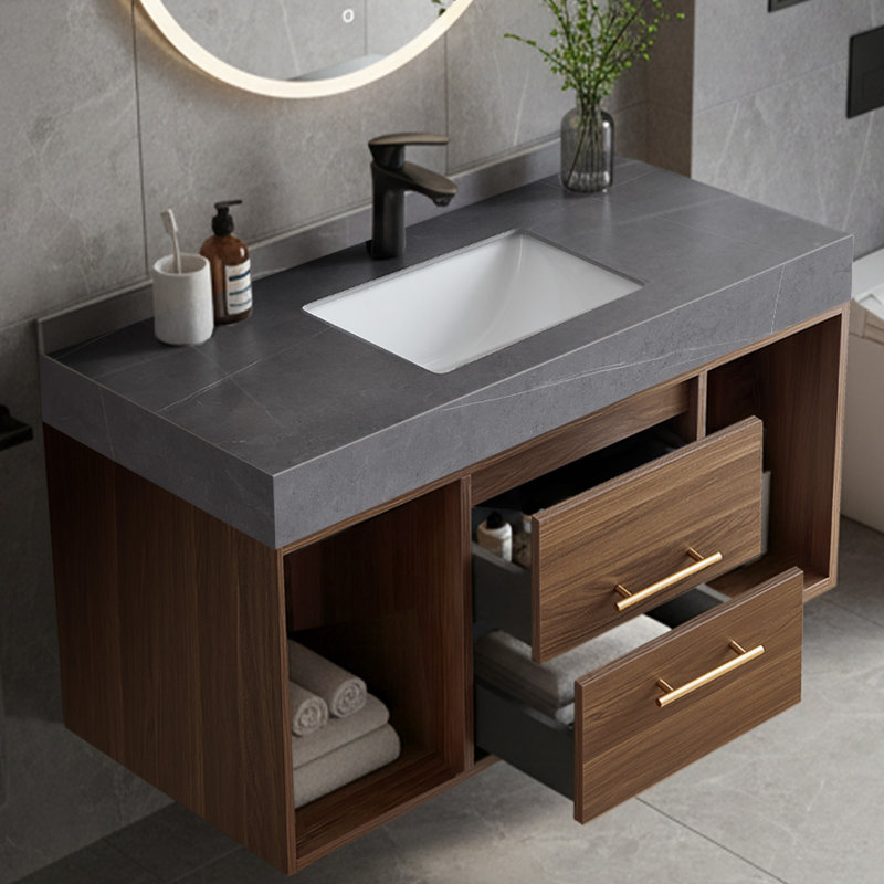 Meuble-lavabo flottant 39,4 po Guiles avec placage en noyer, Noyer
