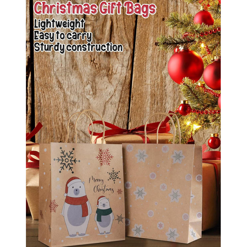 24 Pack Christmas Gift Bags - 6 Designs, with Handles