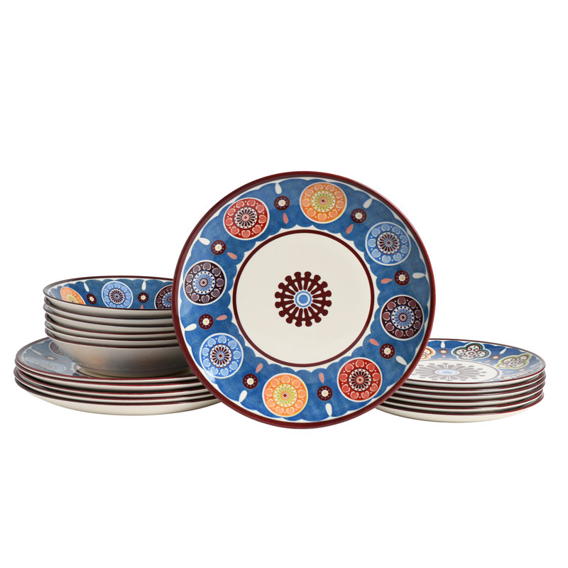 Sumaya 18 Piece Stoneware Dinnerware Set, Blue/White/Grey
