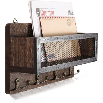 Porte-courrier et porte-clés pour décoration murale, porte-clés mural en bois avec 4 crochets à clés doubles, décoration rustique pour entrée, brun