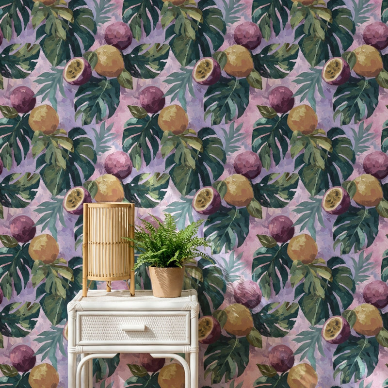 Papier peint tropical avec feuilles de fruits et feuilles décoratives, Non tissé, non collé