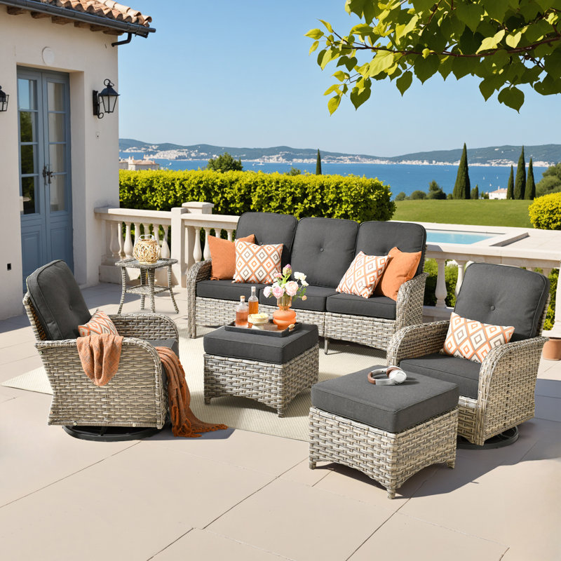 7 - Person Patio Furniture Set With Swivel Rocker, Outdoor Wicker Rattan High Back Seating Group With Cushions, All Weather Sofa Conversation Set  For Garden Backyard