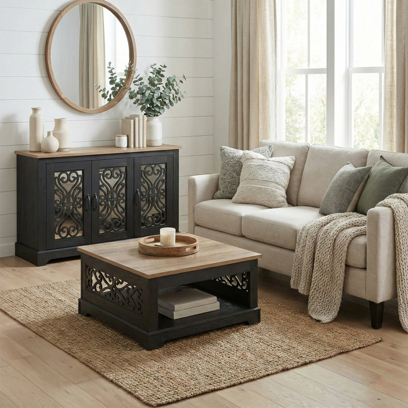 Pablo Traditional 2 Piece Sideboard And Coffee Table Living Room Set, Knotty Oak, Black