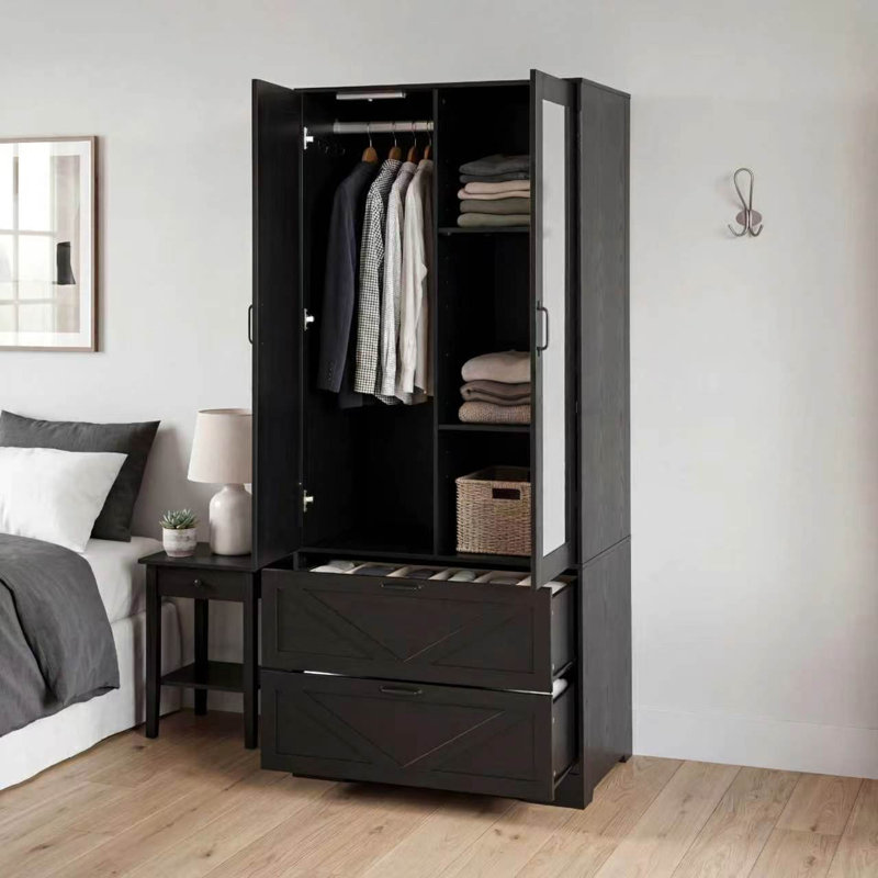 Armoire 2 portes en bois avec tringle, 2 tiroirs, lumière à induction et miroir pour le rangement de la chambre à coucher