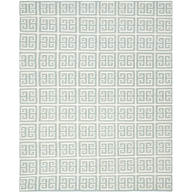 Rodgers Hand Woven Flat Weave Banana Silk/Wool/Cotton Geometric Rug in Ivory/Blue, Rectangle 9' x 12'
