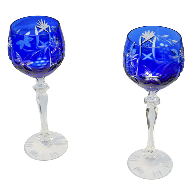 Tiges de cristal bleues coupées à la main Mid-Century du milieu du 20e siècle - S / 2