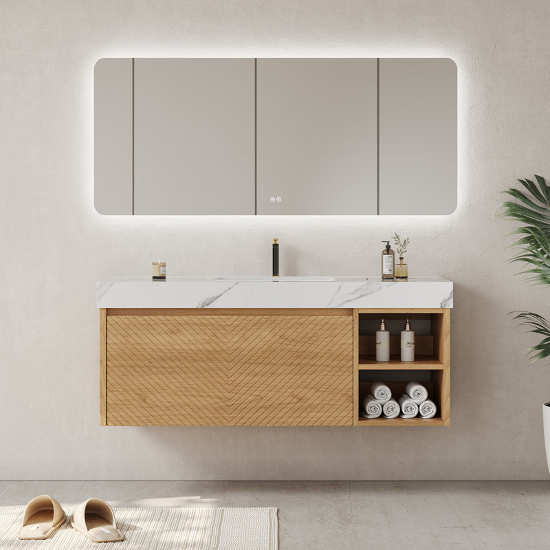 48" Modern Bathroom Cabinet with Drawers,Stone Top Wall Mounted Bathroom Vanities, White, Light Wood