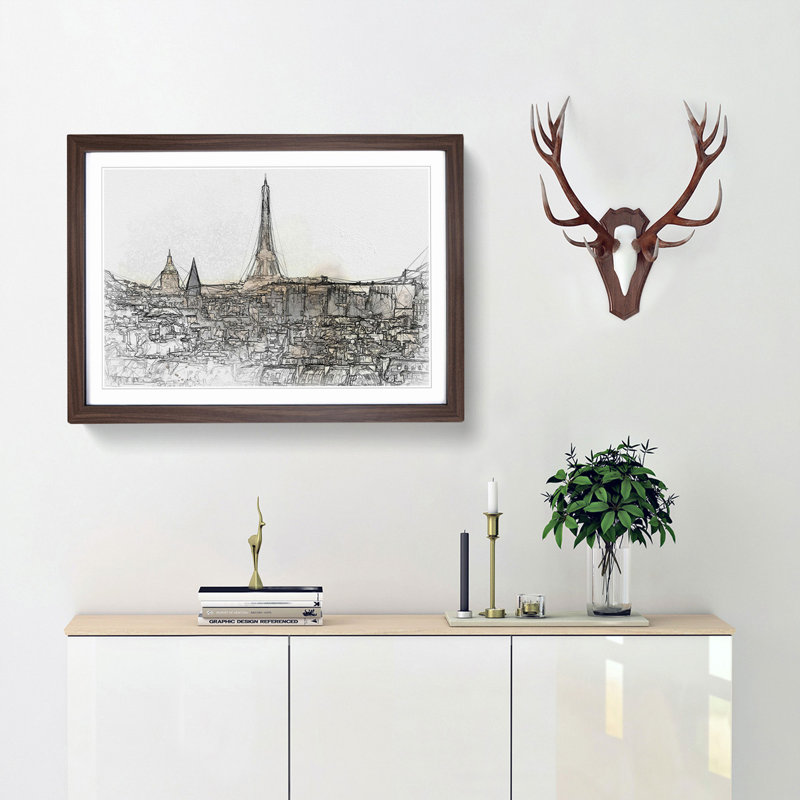 Misty Eiffel Tower in Paris France - Picture Frame Graphic Art Print, 48cm H x 65cm W x 2cm D, Walnut Framed