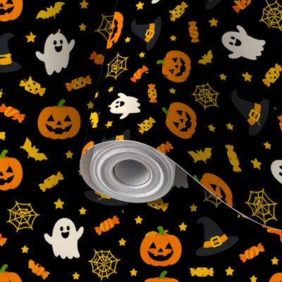 Papier peint adhésif repositionnable Halloween citrouilles fantômes chauves-souris bonbons citrouilles fantômes chauves-souris, papier contact amovible et autocollant, revêtement mural décoratif, idéal pour les locataires, à faire soi-même pour chambre, salon, cuisine, salle de bain, mur d'accent