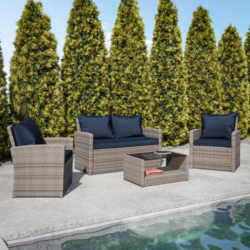 Accomac 4 Piece Patio Set with Back Pillows and Seat Cushions, Gray, Navy