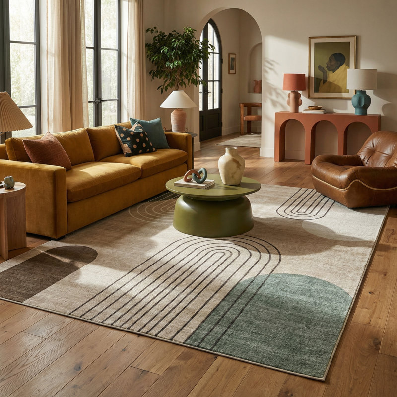 Tapis à motif abstrait beige / vert 4 pi x 6 pi (3 pi 11 po x 5 pi 10 po) Arlo, Rectangle 3 pi 11 po x 5 pi 10 po