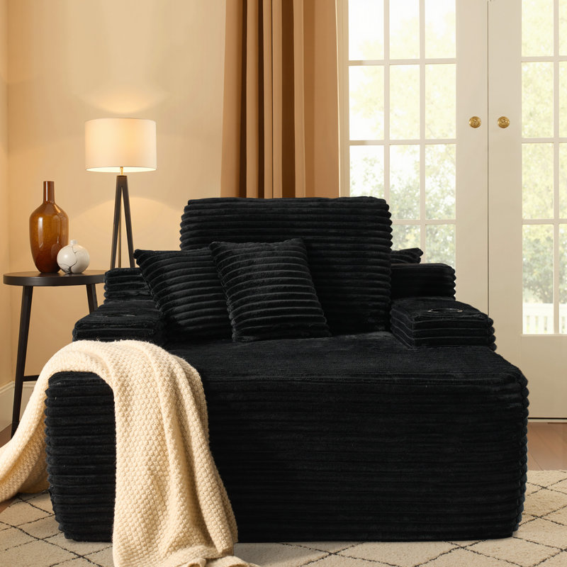 Chaise longue rembourrée surdimensionnée de 48,42 po de largeur avec accoudoirs, coussins et porte-gobelet - aucun assemblage requis