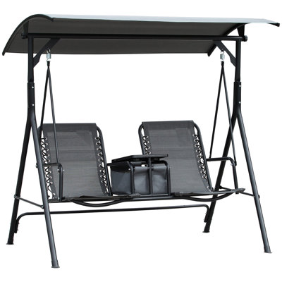 Patio Swing Chair For 2 Adults, Outdoor Canopy With Storage Console, Cup Holder, Adjustable Shade, Steel Frame, Grey, 528 Lbs Capacity Desk,