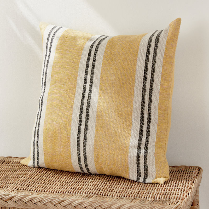 Finn Linen Throw Square Pillow Cover & Insert, Ochre/Charcoal Striped 1, Square 24" x 24"