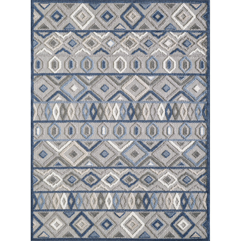Samah Geometric Indoor / Outdoor Area Rug, Rectangle 6'7" x 9', Grey/Blue