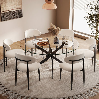 Ensemble de table de salle à manger ronde, plateau de table en verre trempé avec base en métal noir, chaises de salle à manger rembourrées en lin avec pieds en métal pour la salle à manger
