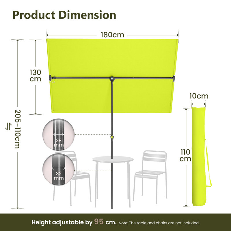 180cm X 130cm Rectangular Balcony Parasol, Chartreuse