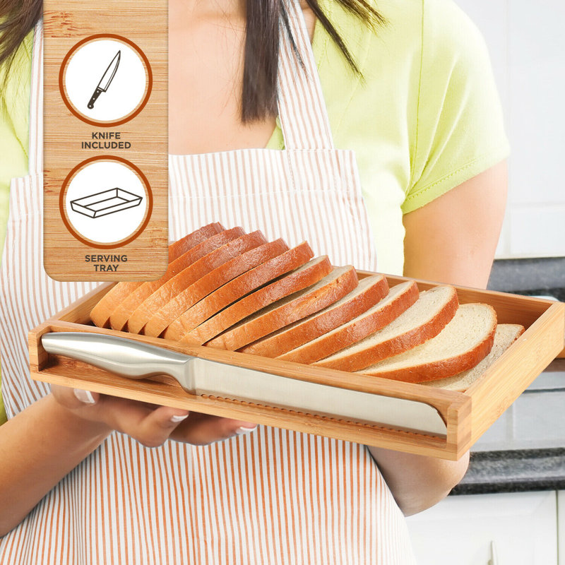 Foldable Bamboo Bread Slicer with Stainless Steel Knife and Crumb Tray