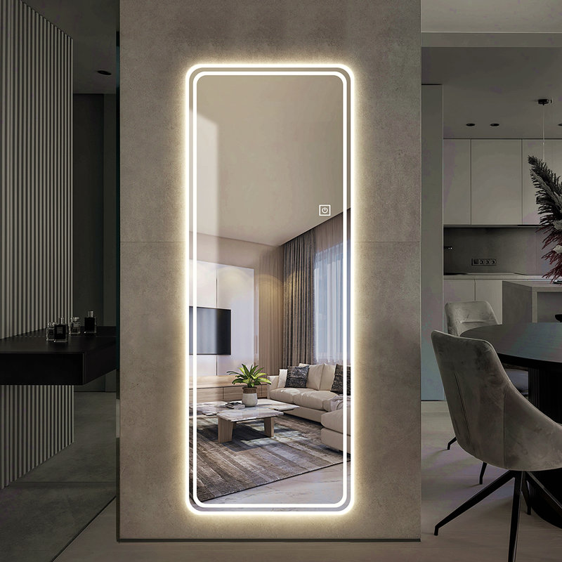 Miroir de plancher pleine longueur 65 po x 24 po à DEL avec miroir de corps entier, miroir mural avec lumières, miroir de coiffeuse, miroir de chambre à coucher avec gradateur et 3 modes de couleur