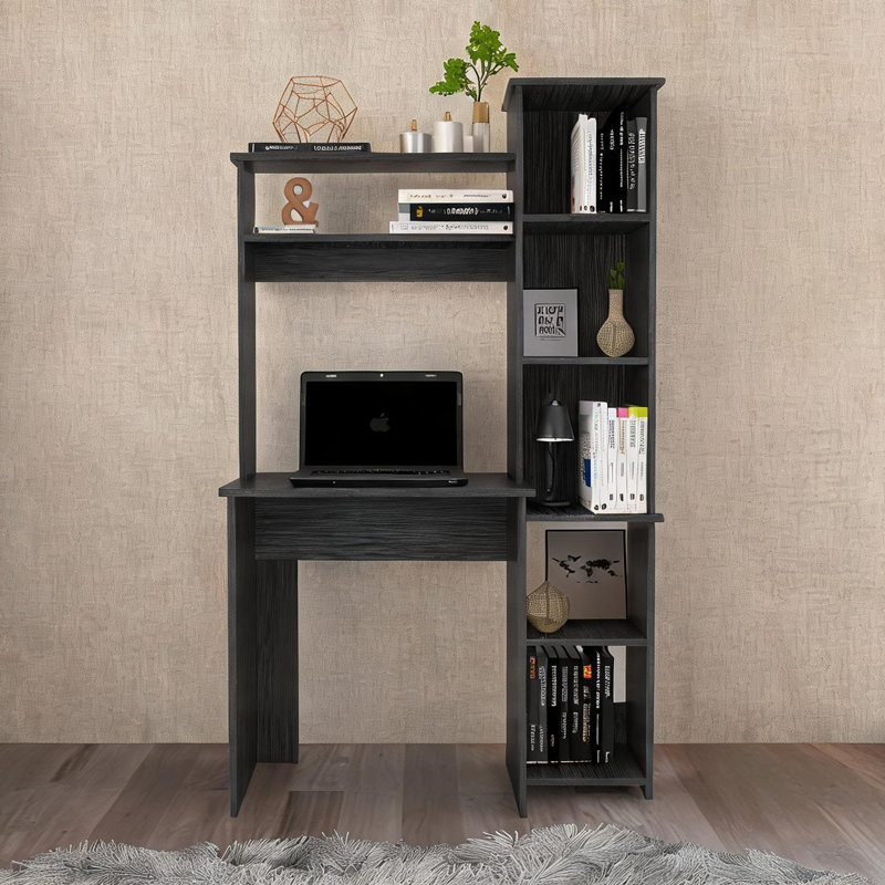 Bureau d'écriture compact avec huche et bibliothèque latérale, panneau de particules gris ardoise, 17,8 x 38,7 pouces