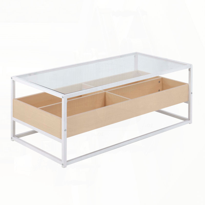 Table basse contemporaine avec plateau en verre trempé et compartiments en bois - métal blanc