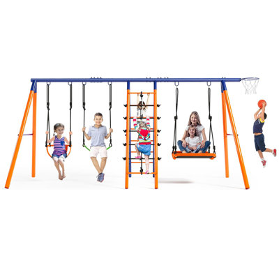 Delia 6 in 1 Kid Swing Set with 3 Adjustable Swings, Climbing Ladder and Net, Basketball Hoop