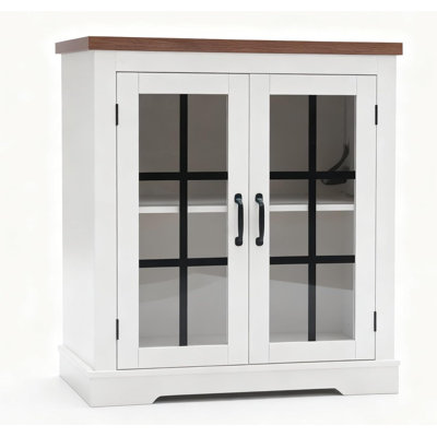 White Buffet Cabinet with Storage Sideboard Buffet with Glass Doors Built-in Power Outlet Elegant Walnut Top Plate