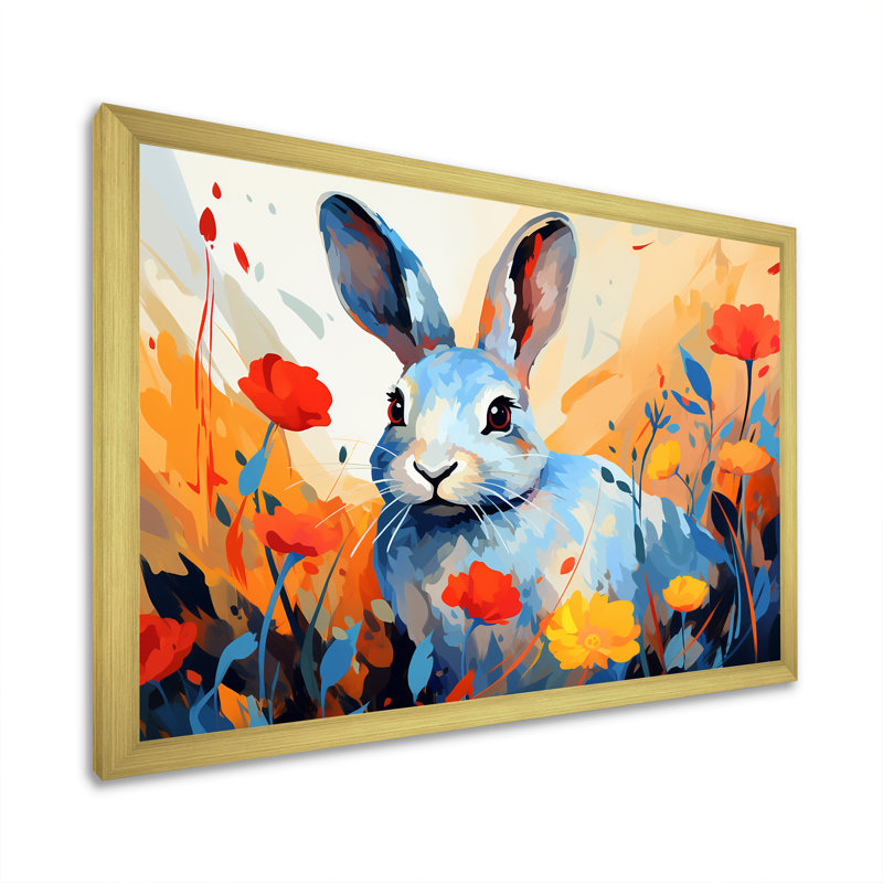 «Blue Rabbit Flower Meadows - Lapin», art mural, Cadre doré à coins fermés, H 16 po x l 32 po x P 1 po