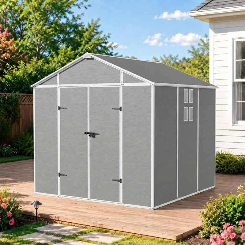 Remise de jardin extérieure en résine imperméable 8 x 8 pi avec portes verrouillables et évents, 93"H x 95"W x 95"D